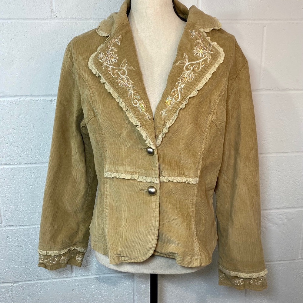 Misha Y2K Vintage Tan Corduroy Floral Embroidered Sequin Blazer Jacket